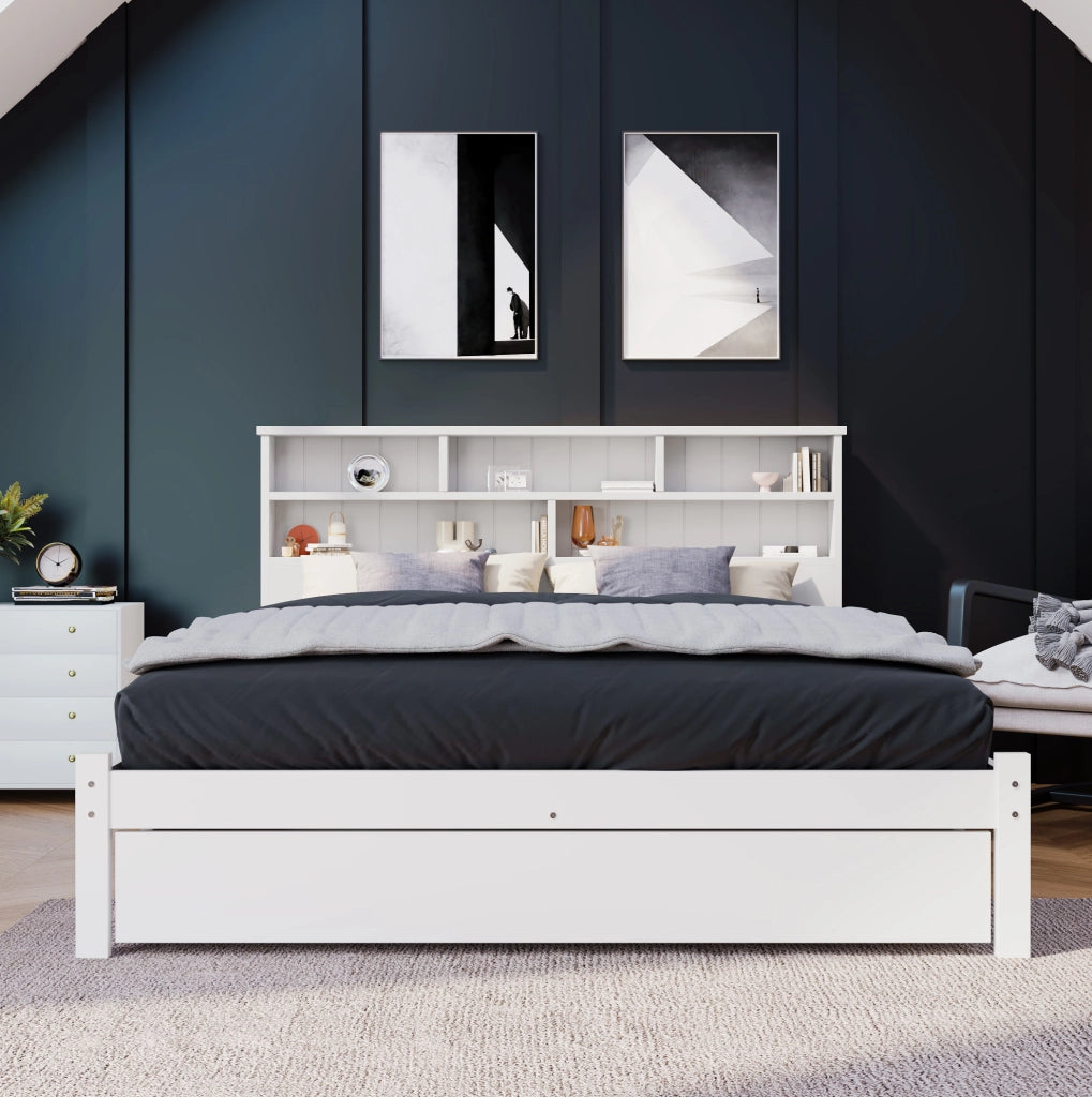 Letto singolo matrimoniale 140x200 cm con testiera a libreria; 2 cassetti; bianco