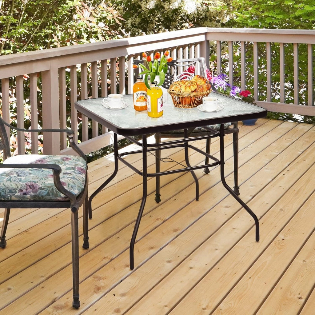 Tavolino in Vetro, con Foro di 40 mm per Ombrellone, 2 Anelli di Fissaggio, Tavolino Multiuso da Esterno, Giardino, Cortile, Balcone, Portata di 80 kg, 81x81x71 cm (Quadrato)