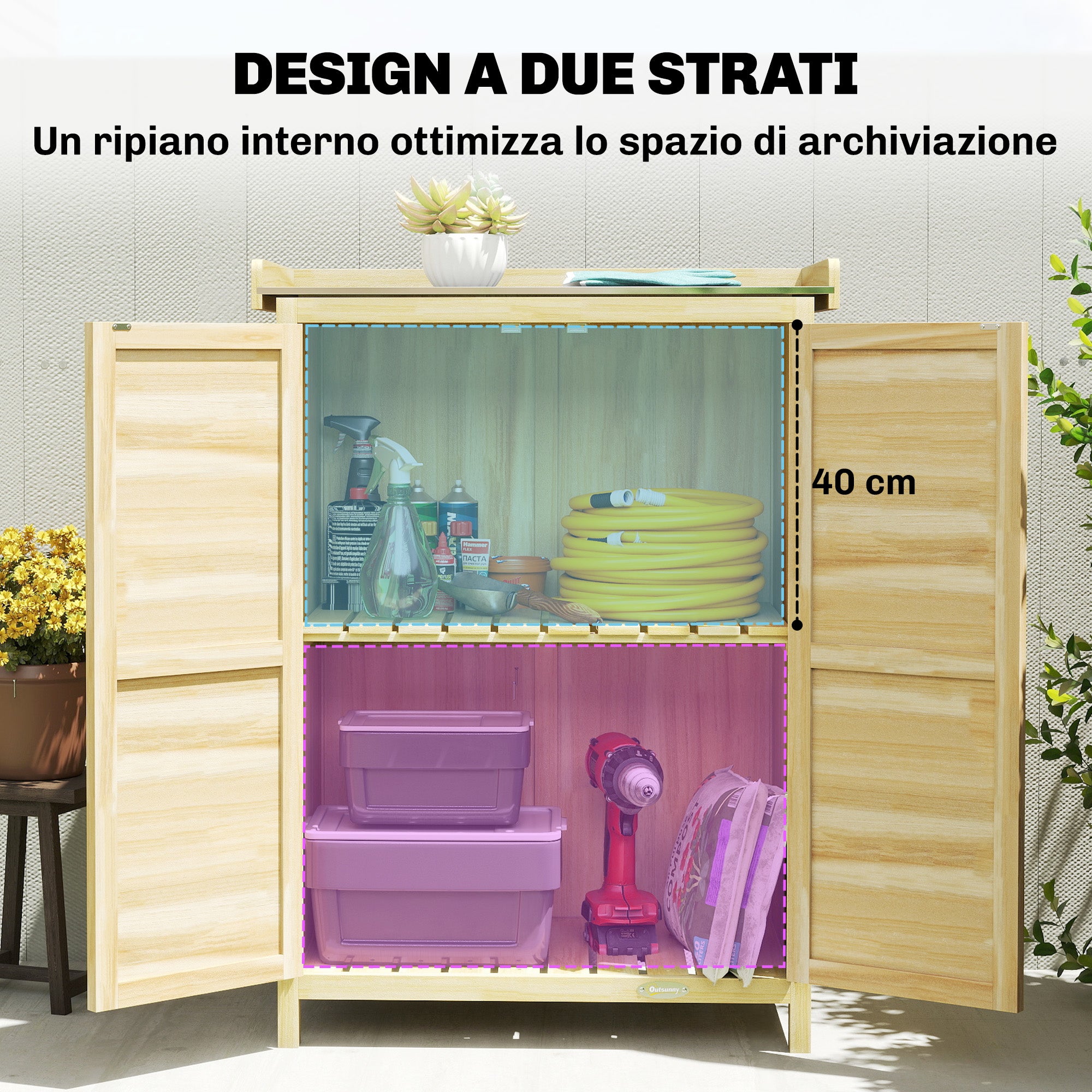 Armadio da Giardino 71.5x39x95 cm con Piano in Acciaio Ripiani e Ganci in Legno