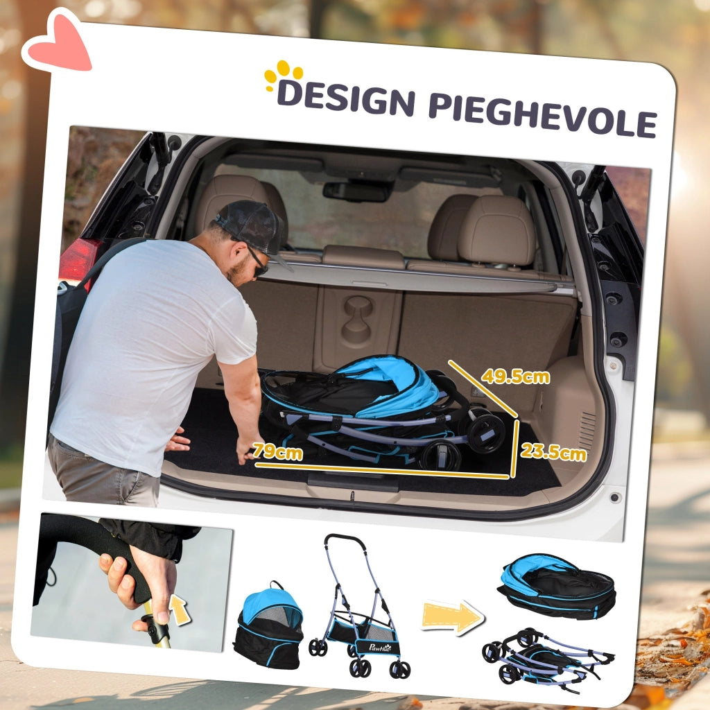 Passeggino per Cani Convertibile in Trasportino 82x49,5x98 cm in Acciaio e Poliestere Azzurro e Nero