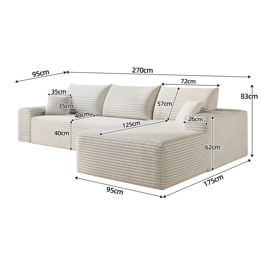 Divano angolare modulare con chaise longue in velluto a coste rigato e schiuma elastica facile da montare bianco