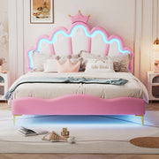 Letto matrimoniale 140x200 cm con testiera a corona, illuminazione LED e rivestimento in PU rosa