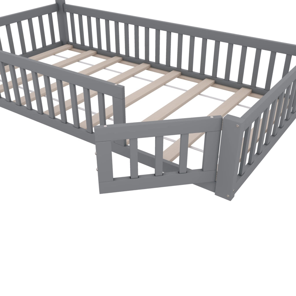 LETTO a casetta 90x200 cm con sponde, pino e MDF, grigio