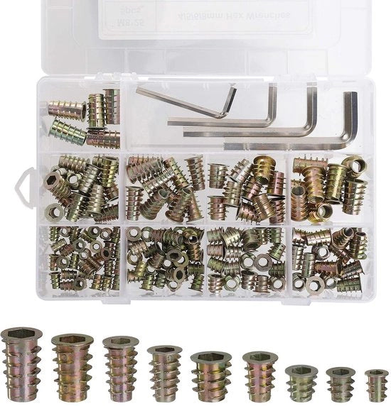 Inserto a viti per legno - Assortimento 149 pezzi - 9 specifiche M4/M5/M6/M8 - Inclusi 4 chiavi a ingranaggio - Duraturo e resistente all'ossidazione - Per mobili in legno - Viti a inserto