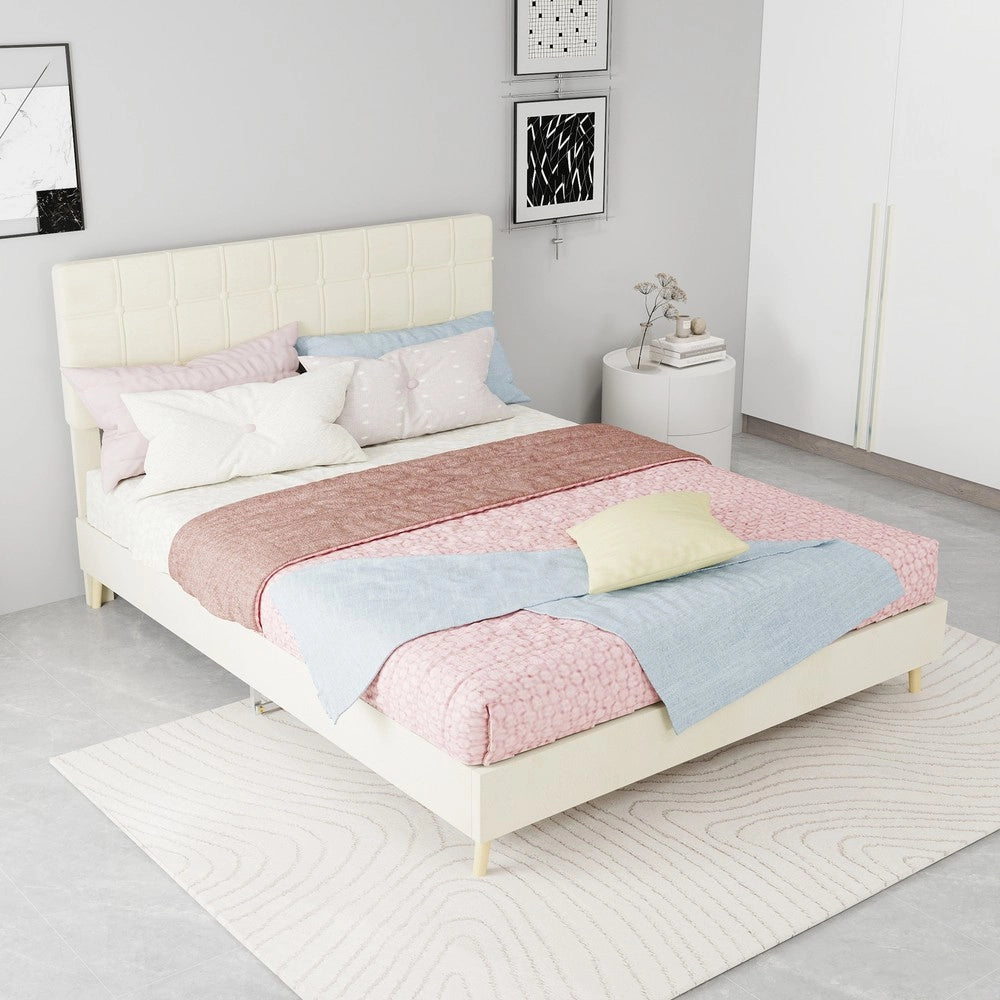 Letto Matrimoniale Imbottito con Testiera ¨C MINIMAL ¨C Tessuto Beige 140x200
