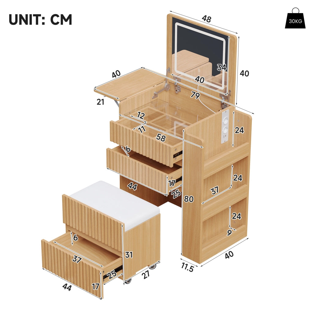 Tavolo da trucco con specchio LED pieghevole, 2 prese, USB e Type-C, sgabello con ruote, 3 cassetti e piano laterale richiudibile, 79 x 120 x 40 cm