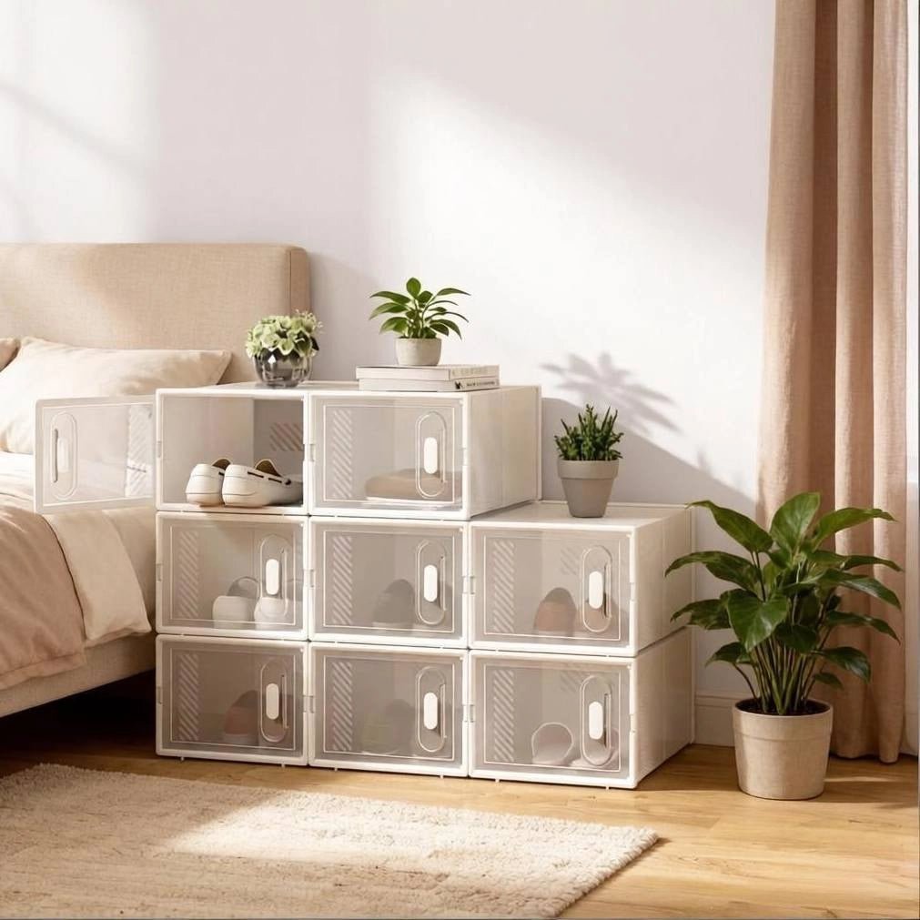 Set 8 scatole portascarpe ULEVR impilabili 25x18,5x35,5 cm in plastica trasparente e bianca