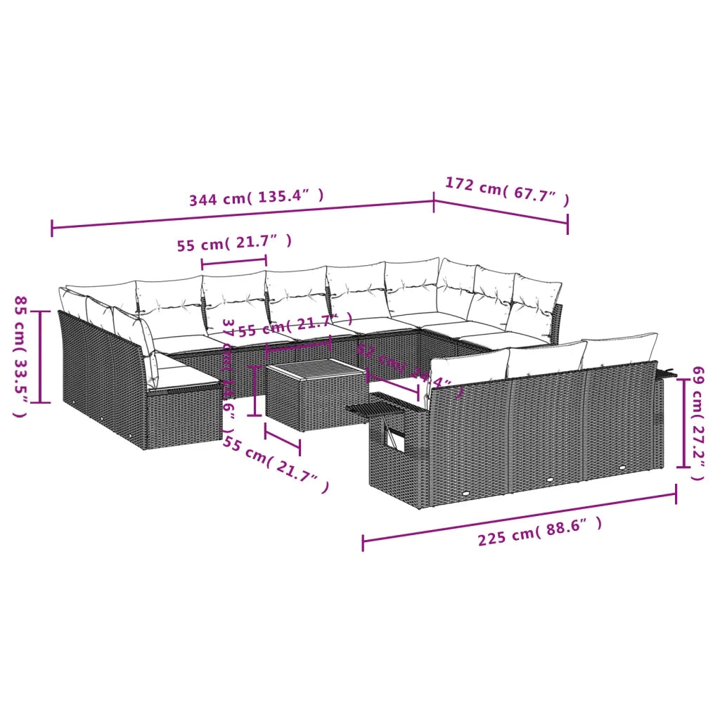 Set Divano da Giardino 14 pz con Cuscini Beige Misto Polyrattan