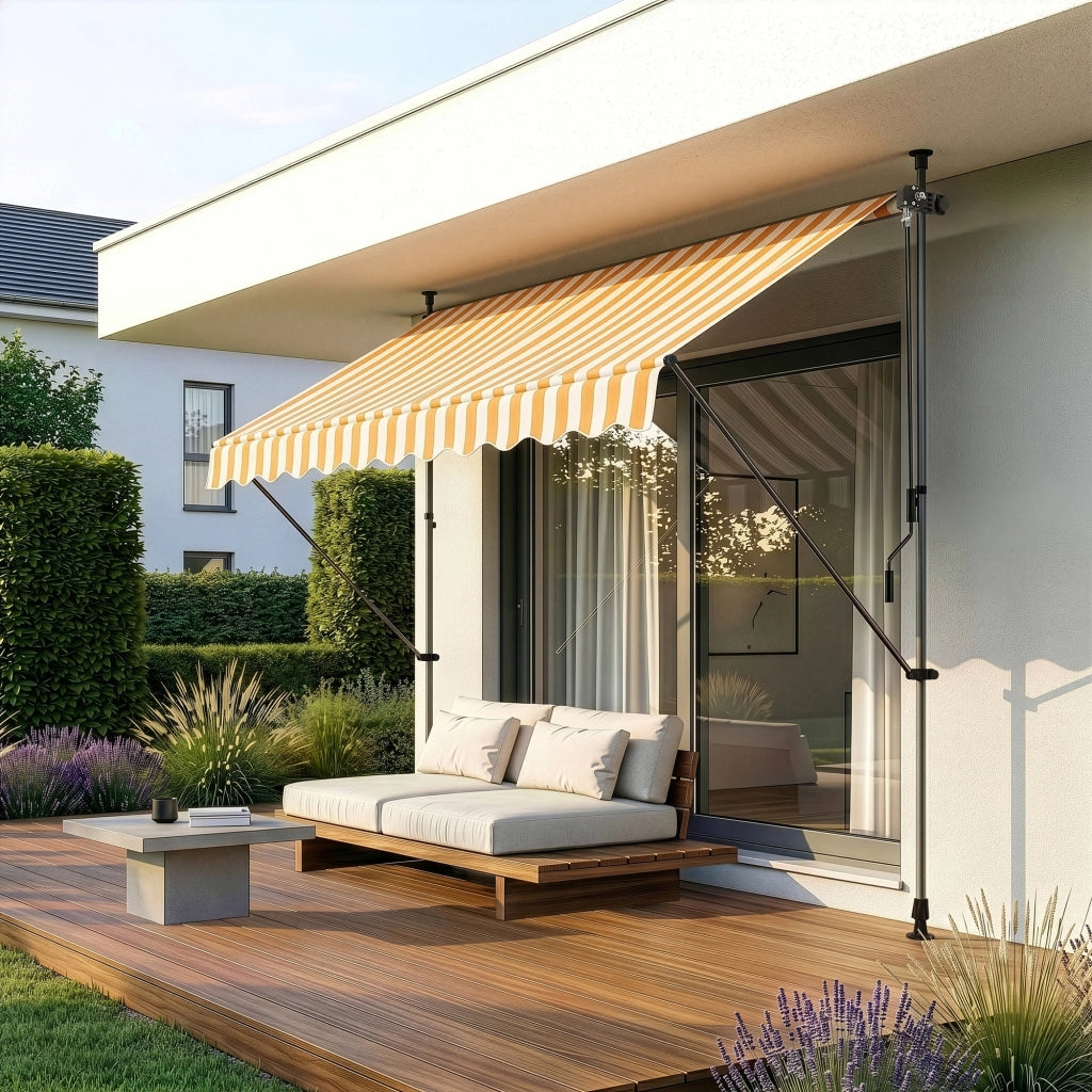 Tenda da Sole a Muro con Pali di Supporto Telescopici Parasole 300 x 120 cm (LxP) Giallo-Bianco pro.tec