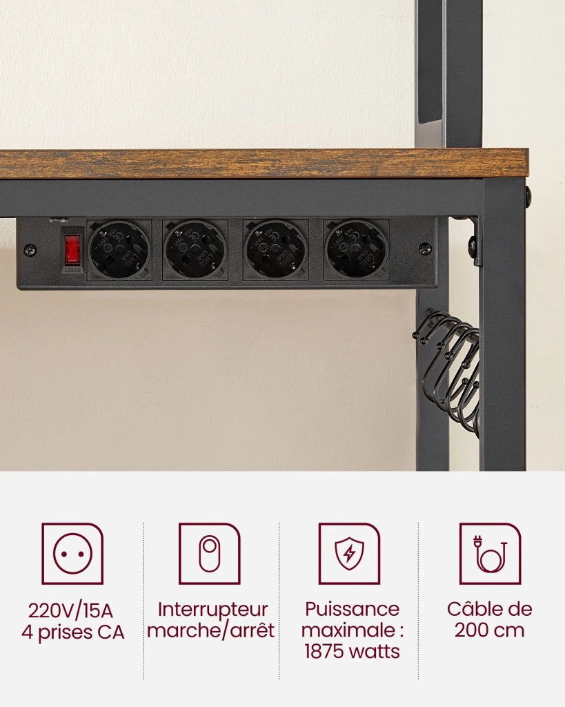 Mensola da cucina con multipresa supporto per microonde ripiano portaoggetti con pannello in rete metallica 14 ganci 40 x 100 x 170 cm marrone 12_0005665