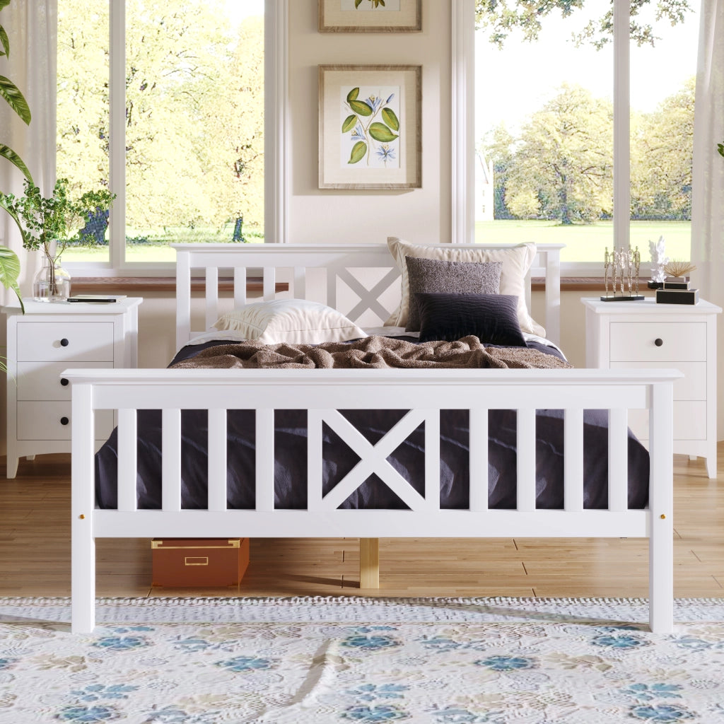 Letto matrimoniale in legno massello 140x200 cm con testiera a X, rete a doghe e spazio contenitore, bianco