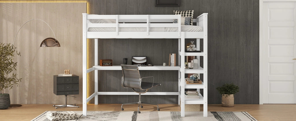 DESMIU Letto a soppalco 2 posti con scrivania, scaffali e scala contenitore 140 × 200 cm, senza materasso, bianco