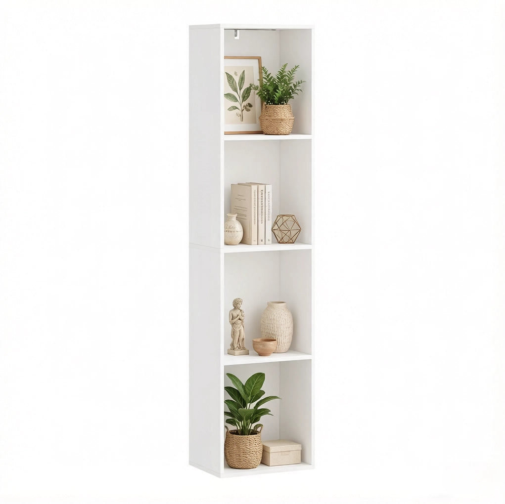 Libreria verticale bianca a 4 ripiani con illuminazione multicolore e fissaggio antiribaltamento