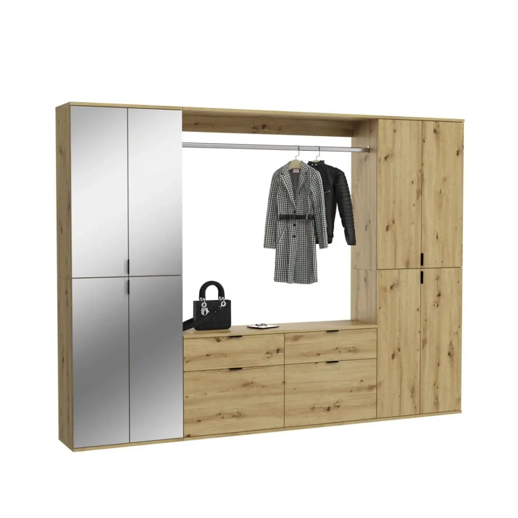 Armadio con 8 ante con specchi + appendiabiti + cassetti - Rovere chiaro - BODITE