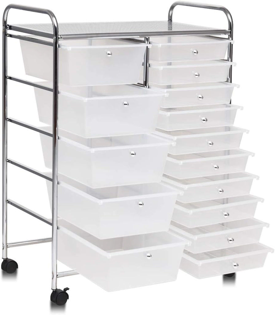 Carrello con 15 Cassetti Impilabili, Carrello di Stoccaggio con Ruote, Carello Portaoggetti per Casa e Ufficio, 62,5 x 37 x 87 cm (Chiara)