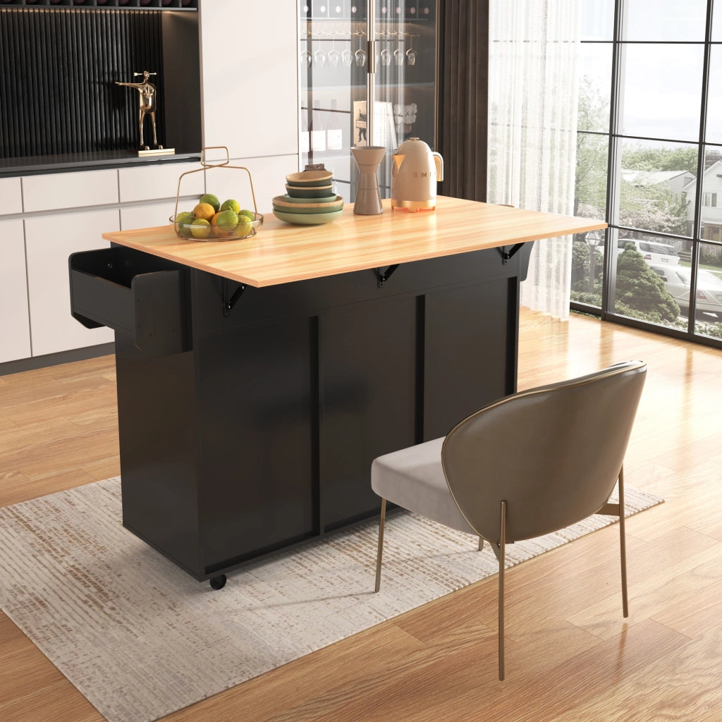 Carrello Isola Cucina 139x46/71x91;5 cm Nero con Piano Pieghevole; 3 Cassetti; Armadietti e Ruote