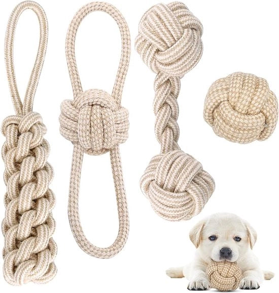 Set di giocattoli per cani in corda con pallina di nodo, 4 pezzi di set di giocattoli per cani per piccoli cani/cuccioli di taglia media, giocattoli per cani, igiene dentale, di cotone naturale, bianco