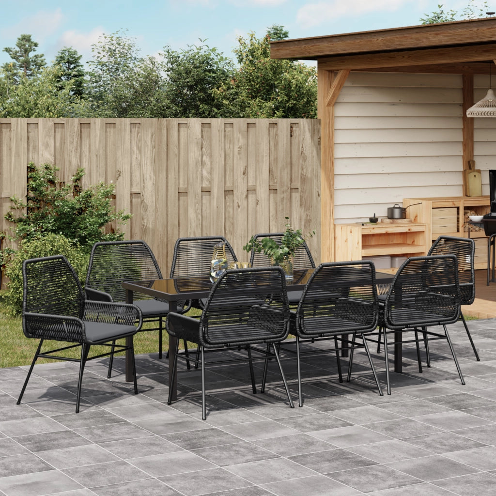 Set da pranzo da giardino 9 pezzi con cuscini in polyrattan nero