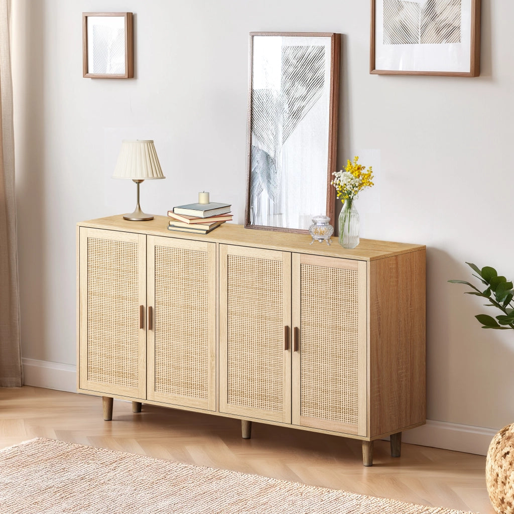 Credenza alta con 4 ante e ripiano regolabile per soggiorno in truciolare 158 x 40 x 88 cm naturale