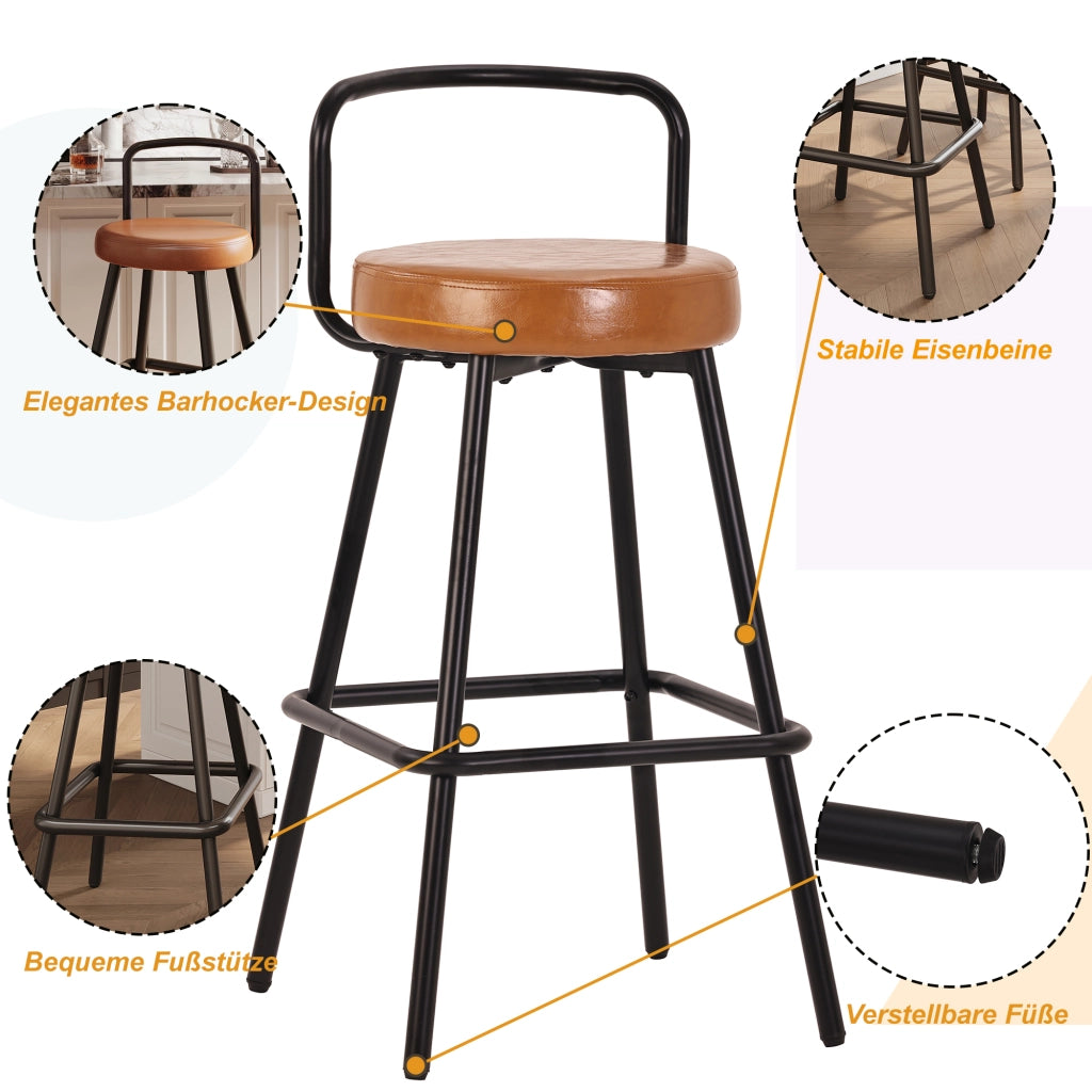 Sgabello da bar ergonomico con schienale imbottito, seduta in PU impermeabile, poggiapiedi e gambe in ferro marrone