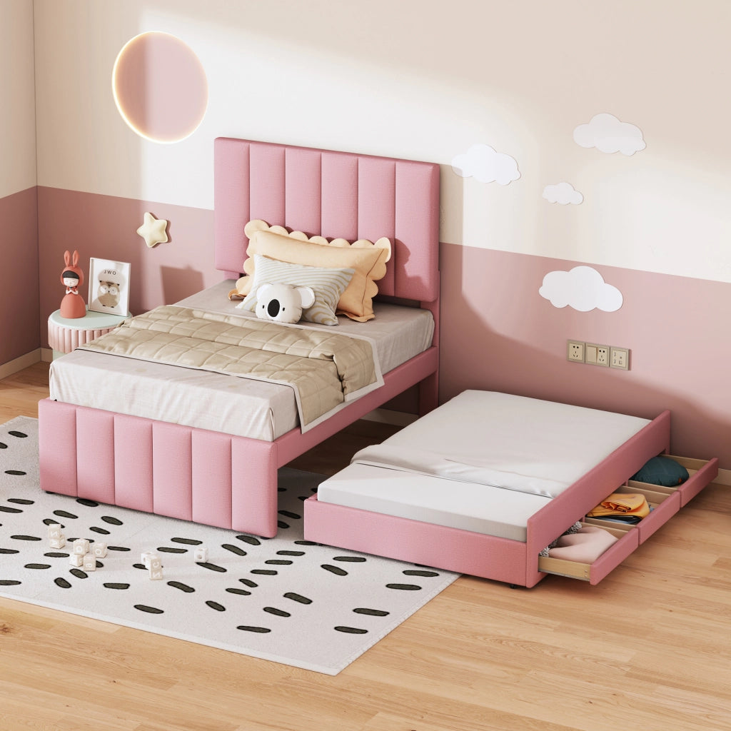 Letto imbottito singolo 90×200 cm con letto estraibile e 3 cassetti; rete inclusa; senza materasso; rosa