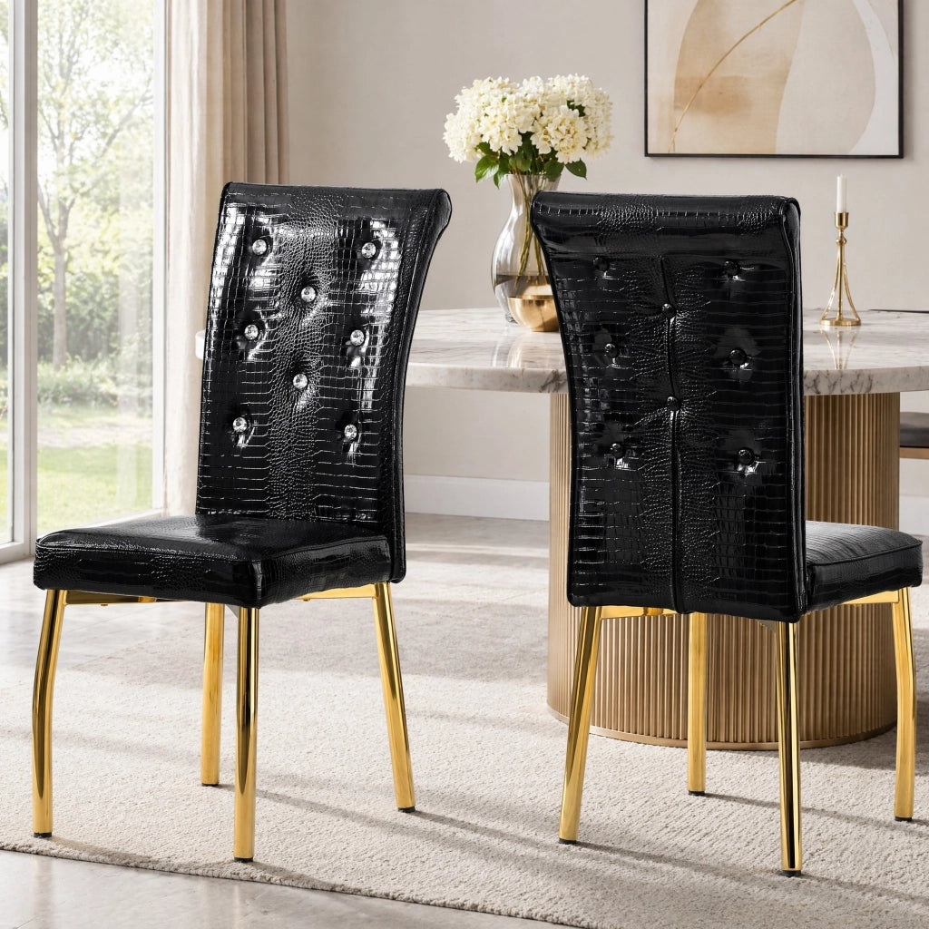 Sedia da pranzo set da 2 con Seduta imbottita, Gambe in metallo, Piedini regolabili, PVC Nero e Oro