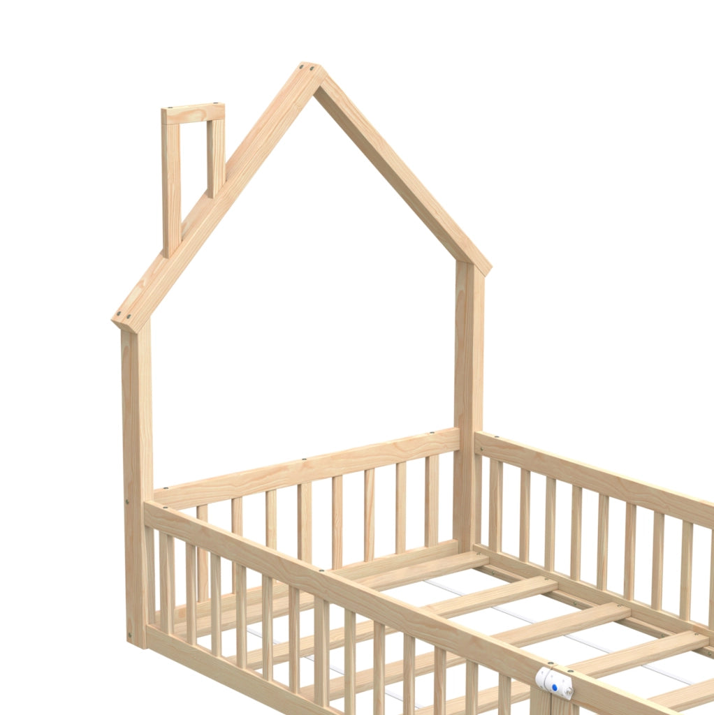 Letto casetta per bambini 90 x 200 cm in pino naturale con rete e barriera