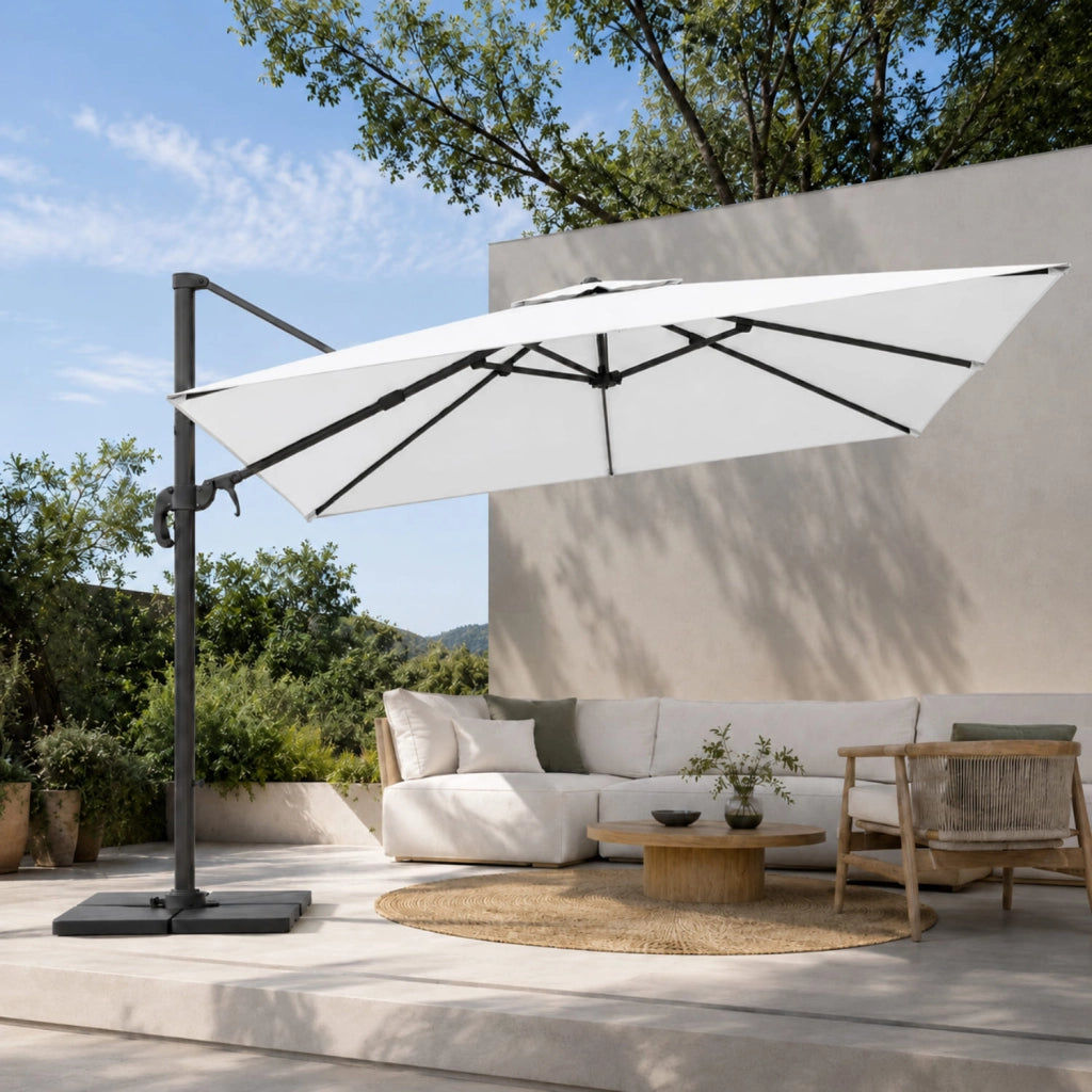 Ombrellone Professionale Per Giardino Terrazza Piscina Gazebo Dehors Bar Hotel Con Braccio Pieghevole Rotazione Completa 360° Tela Impermeabile Protezione Solare UV Acciaio Inossidabile 3x3 M Bianco
