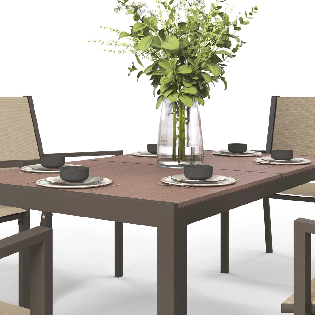 Set da Giardino 7 Pezzi in Plastica con 6 Sedie Impilabili e Tavolo Rettangolare, Kaki e Marrone