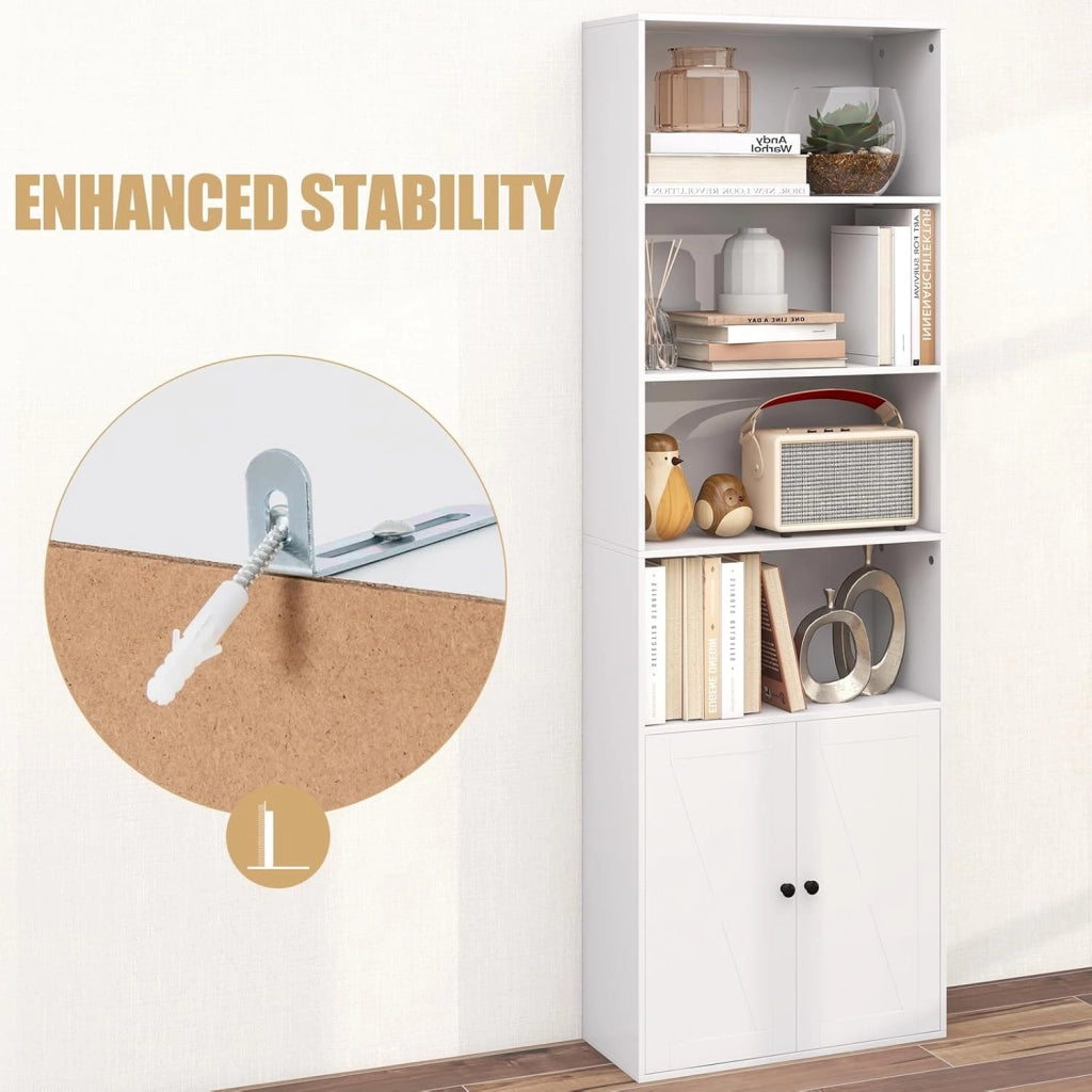 Libreria con 6 Ripiani e 2 Ante, Scaffale in Legno, con 1 Ripiano Regolabile in Altezza, Credenza Espositore, Ideale per Soggiorno e Ufficio, Mensola Portaoggetti Multiusi