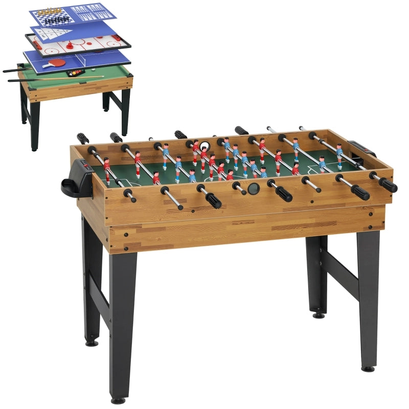 Tavolo da gioco 13 in 1: calcio balilla, scacchi, biliardo, ping-pong e altro ancora. Materiali: MDF, plastica, noce.