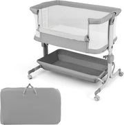 Culla Neonato con Matterasso, Culla Next to Me Piechevole con Altezza Regolabile a 6 Livelli, Lettino Bambino con Mensola Portaoggetti, Borsa da Trasporto, per Bambini 0-6 Mesi (Grigio Chiaro)