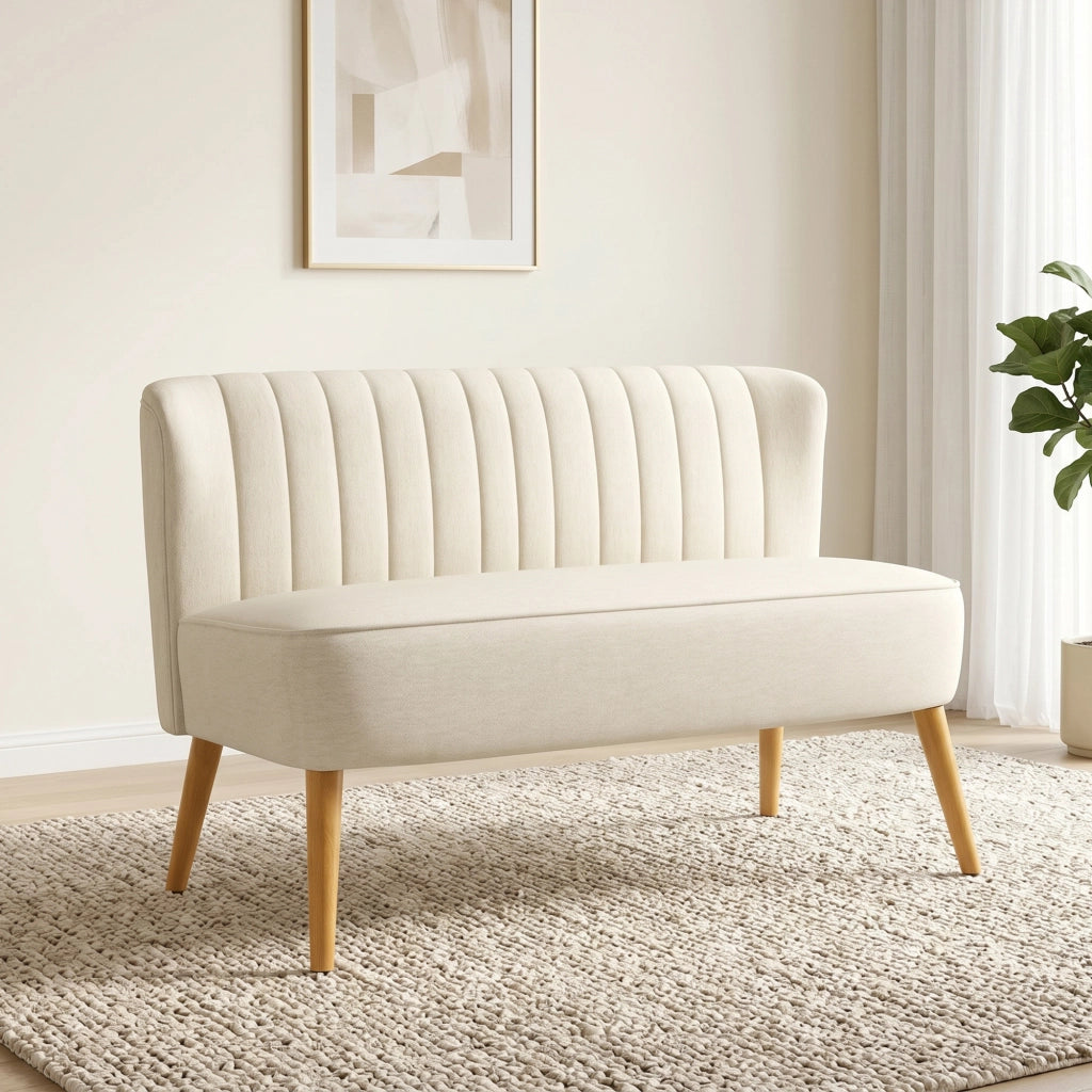 Divano 2 Posti in Tessuto Senza Braccioli ¨C zephmum ¨C Bianco Crema Legno 117x56.5x77 cm