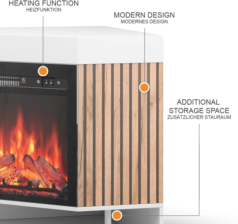 Caminetto elettrico "Lynea", Bianco, 100 cm con effetto fiamma realistico e riscaldatore da 1800W