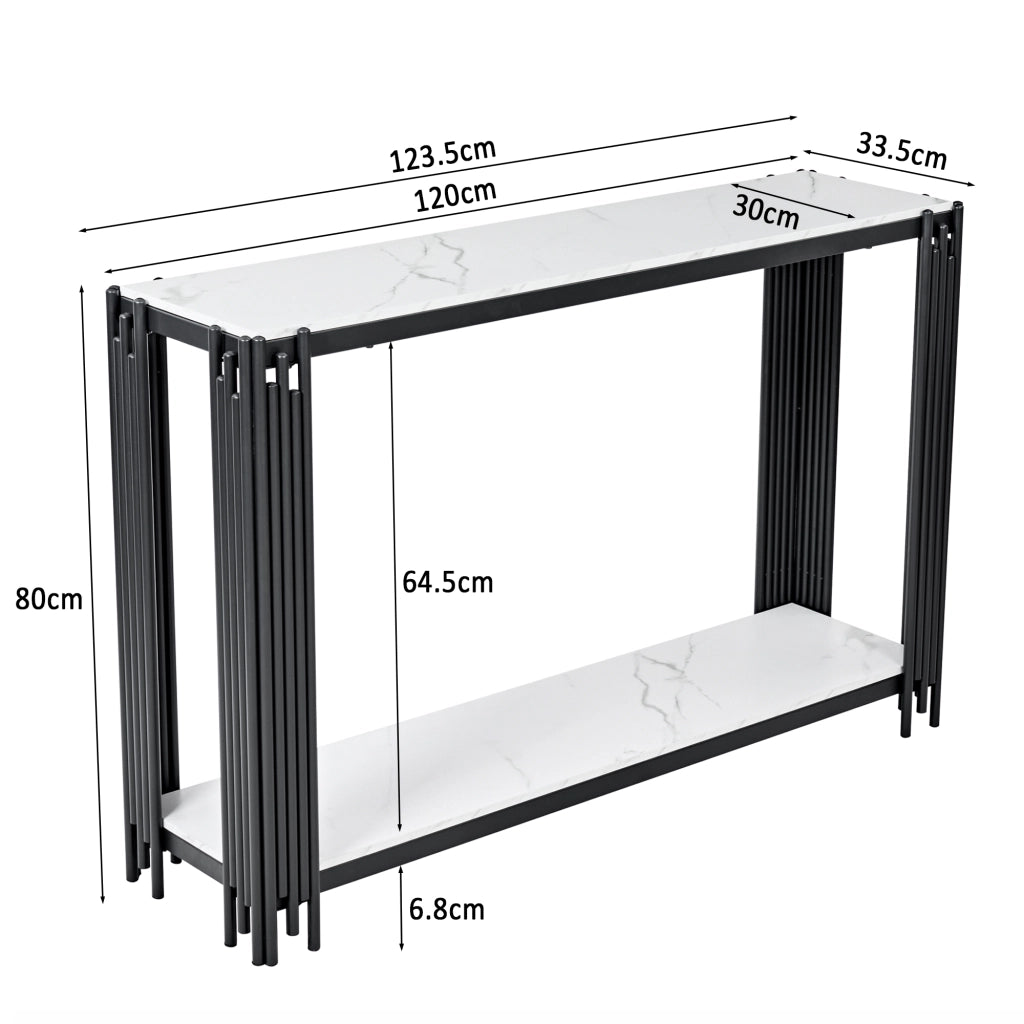 Consolle con 2 ripiani in effetto marmo bianco e metallo nero, per ingresso e soggiorno, 123.5 × 33.5 × 80 cm
