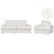 Set da salotto in bouclé bianco imbottito a 4 posti con poltrona, schienale imbottito, divano classico per il soggiorno.