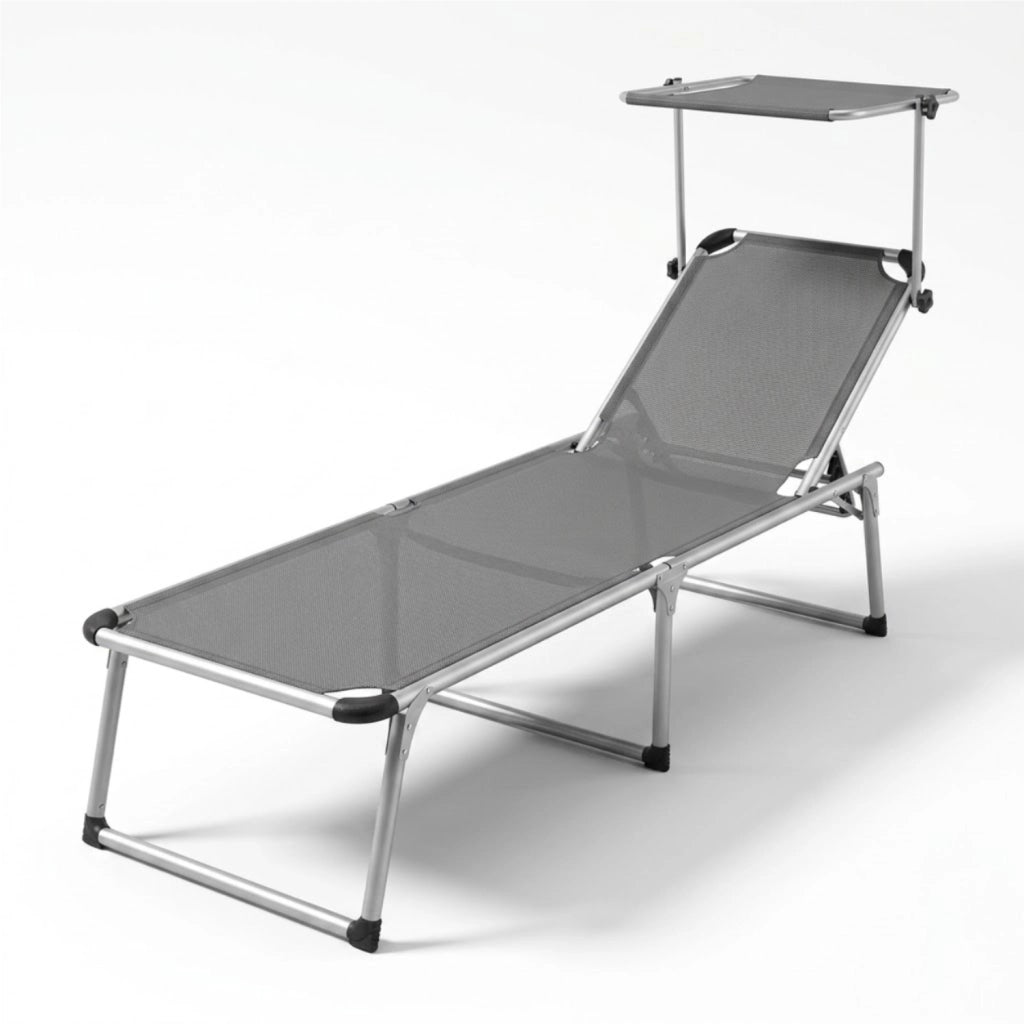 Lettino Pieghevole Prendisole Con Tettuccio Parasole Schienale Reclinabile In 6 Posizioni Regolabili Struttura In Alluminio Sedia Sdraio Per Spiaggia Mare Giardino Piscina 187 x 59 x 29 Cm Grigio Scuro