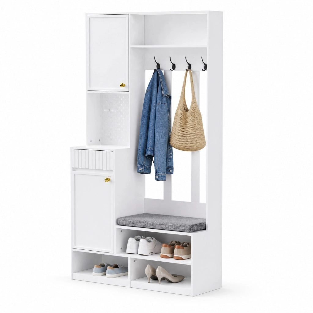 Appendiabiti da ingresso multifunzione con panca imbottita, armadietto, ganci e cassetti, bianco, 100¡Á180¡Á35 cm