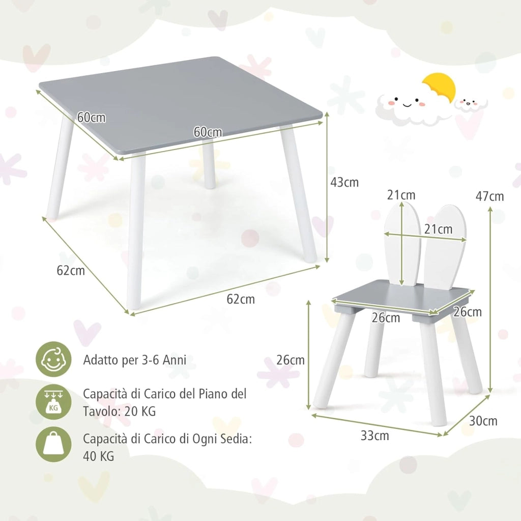 Tavolo Bambini con Sedie, Set Tavolo e Sedie in Legno per Bambini 3-6 anni con Schienale a Forma di Coniglio, Tavolino con Sedie per Giocare, Disegnare e Leggere, Capacità di 40 kg (Grigio)
