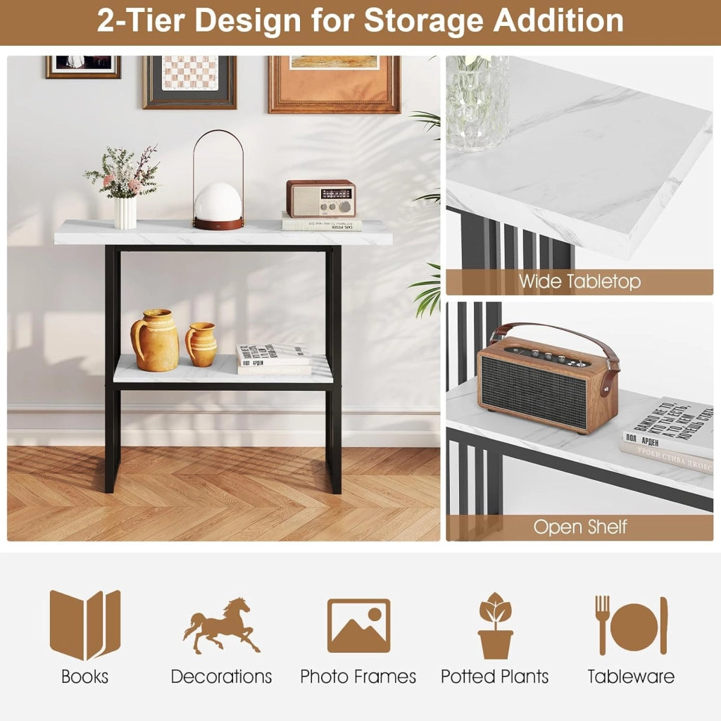 Tavolo Console da ingresso, 120 x 29,5 x 92,5 cm, piano in finto marmo e telaio in metallo, tavolino ausiliario con 2 ripiani, risparmio di spazio, tavolo da soggiorno, corridoio (bianco+nero)
