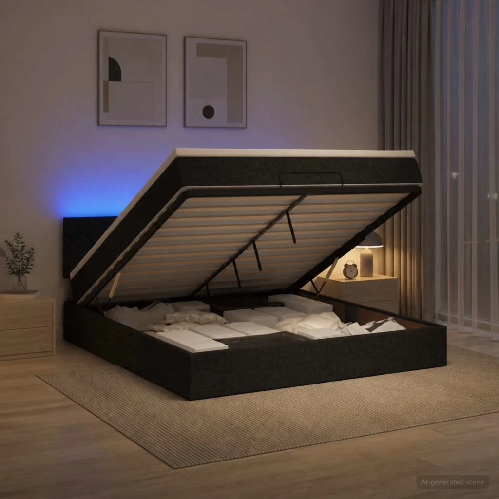 Letto Ottomano con Materasso e LED Nero 140 x 200 cm Tessuto 3456997