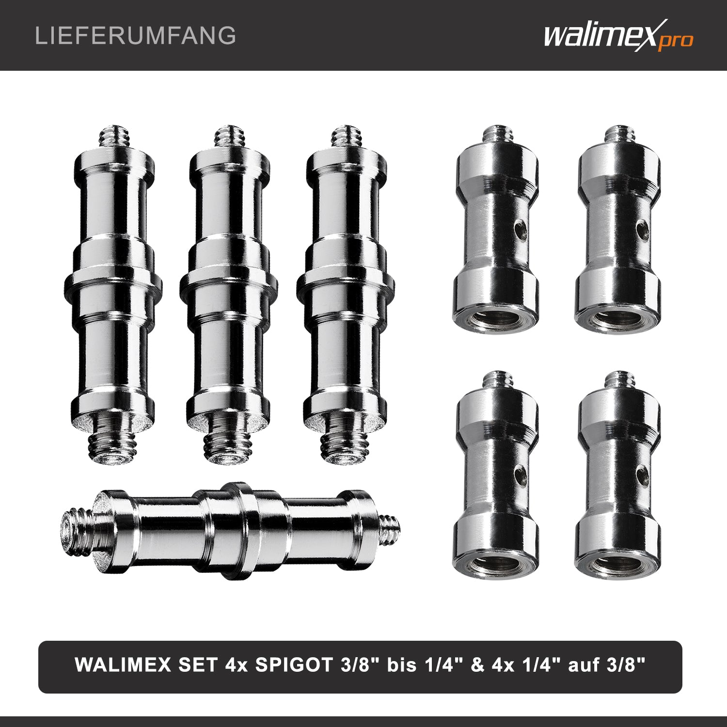 Walimex Set Spigot 4+4 Adattatori per filettatura 3/8“ 1/4” per collegamento accessori foto e video, allestimenti luci servizi fotografici