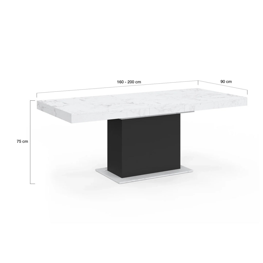 IDMarket - Tavolo da pranzo rettangolare allungabile EDEN 6-10 persone con piano ALASKA effetto marmo bianco e nero 160-200 cm