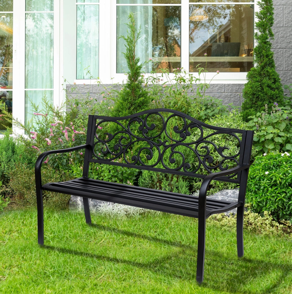 Panchina da giardino 3 posti in acciaio nero; design elegante con schienale alto