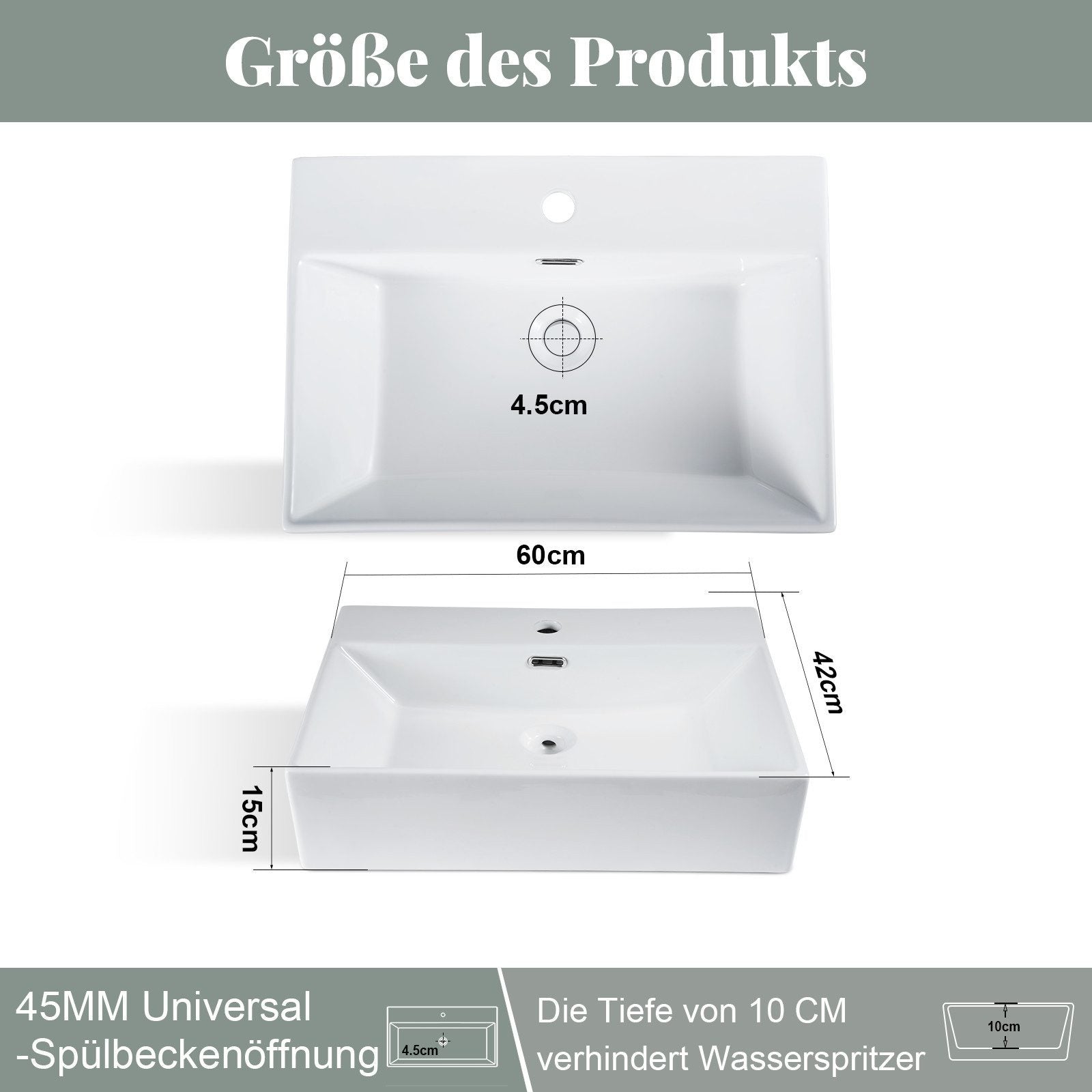 ZMH Lavabo da appoggio per bagno lavabo da appoggio rettangolare in ceramica bianca 60x42x15cm