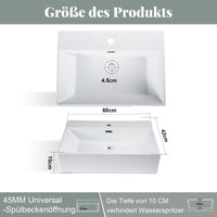 ZMH Lavabo da appoggio per bagno lavabo da appoggio rettangolare in ceramica bianca 60x42x15cm