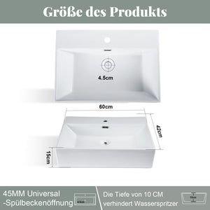 ZMH Lavabo da appoggio per bagno lavabo da appoggio rettangolare in ceramica bianca 60x42x15cm