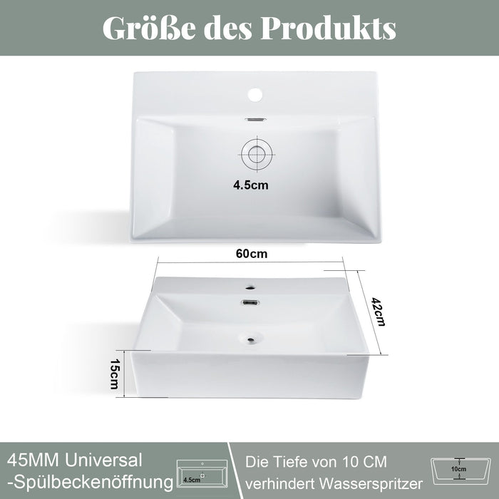 ZMH Lavabo da appoggio per bagno lavabo da appoggio rettangolare in ceramica bianca 60x42x15cm