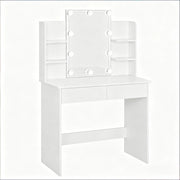 Toeletta con specchio; 2 cassetti; 4 ripiani; luci e prese usb per camera da letto; bianco; 90×135×40 cm