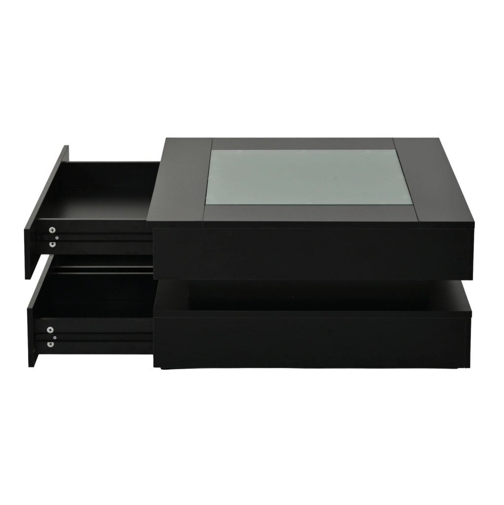 Tavolino da salotto quadrato 70 x 70 x 35 cm con 3 cassetti; vetro temperato e LED; nero